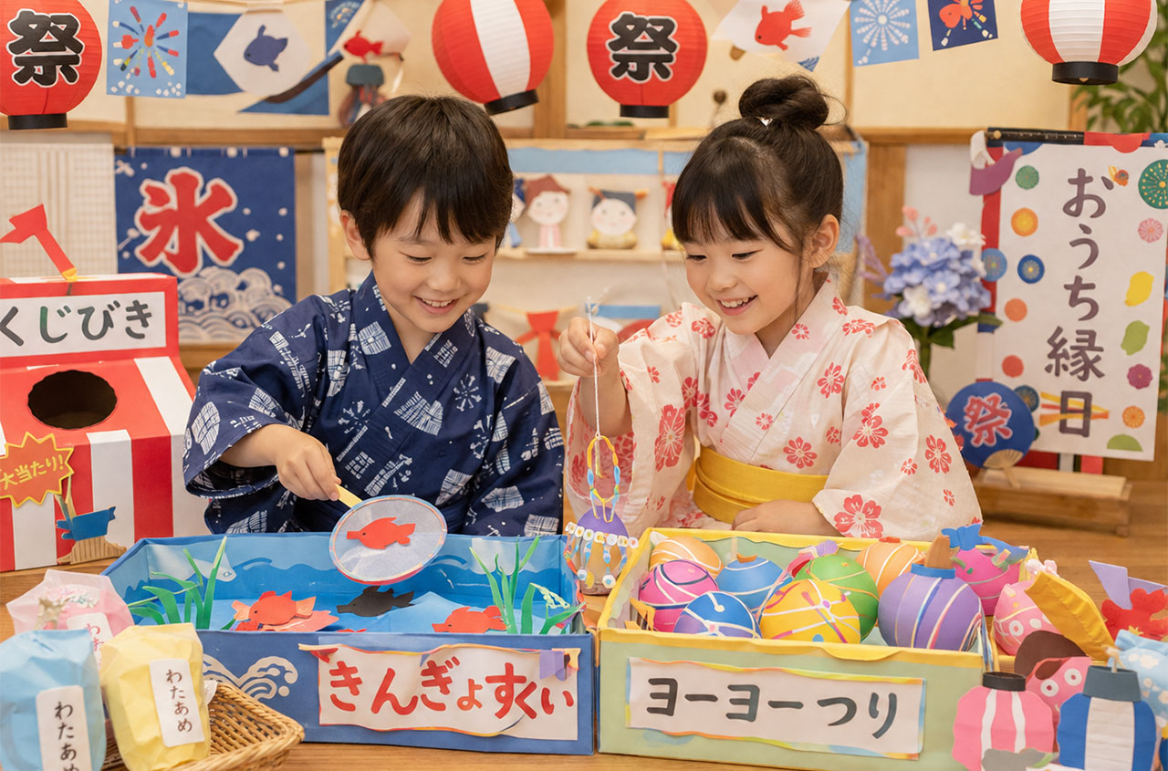 おうち夏祭り・縁日を楽しんでいるシーン